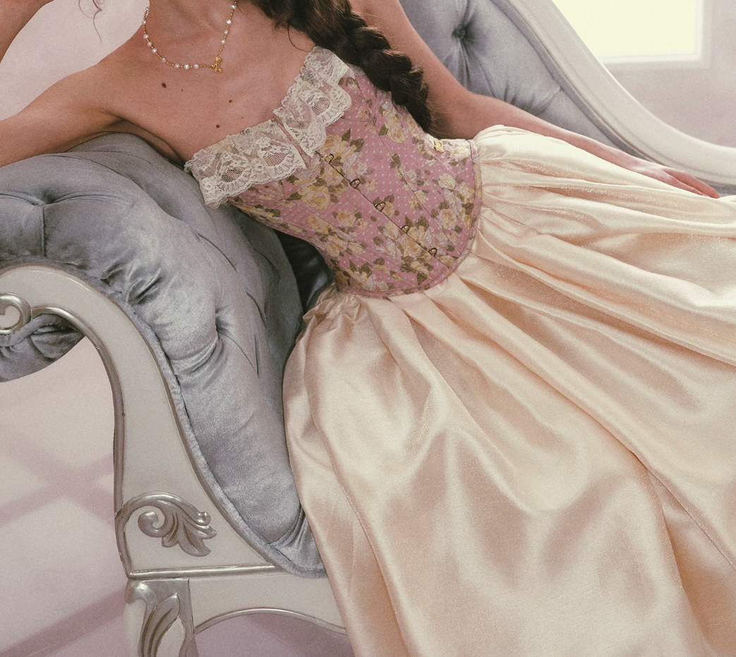 Glam Strapless Pink Prom Dress Lace Floral A-Line Satin Evening Dress C8524