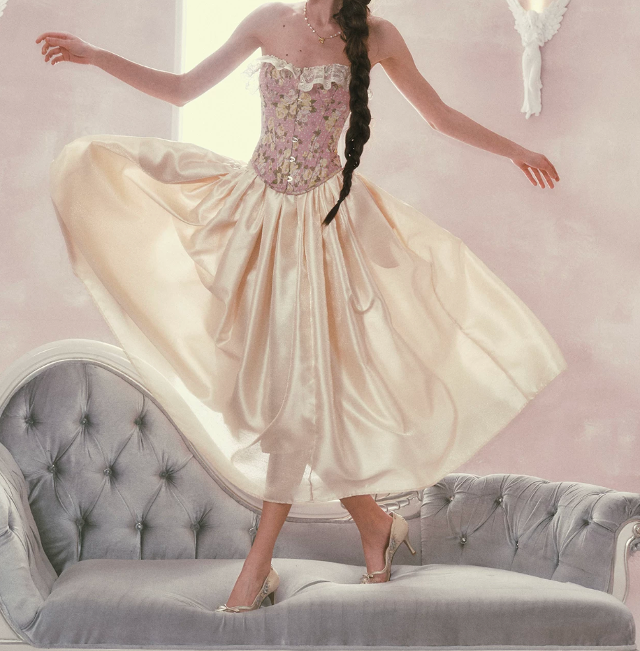 Glam Strapless Pink Prom Dress Lace Floral A-Line Satin Evening Dress C8524