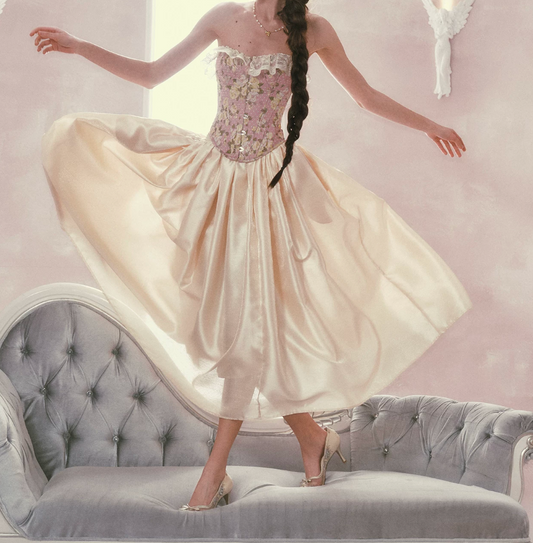 Glam Strapless Pink Prom Dress Lace Floral A-Line Satin Evening Dress C8524