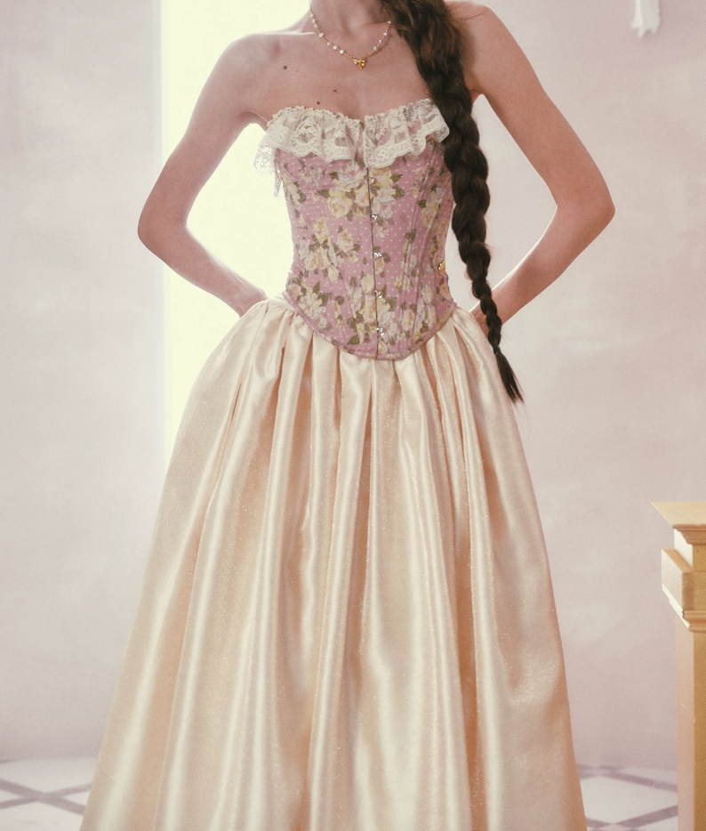 Glam Strapless Pink Prom Dress Lace Floral A-Line Satin Evening Dress C8524