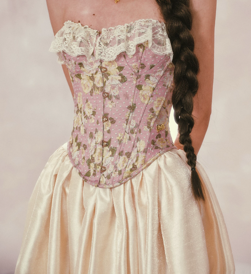 Glam Strapless Pink Prom Dress Lace Floral A-Line Satin Evening Dress C8524