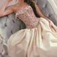 Glam Strapless Pink Prom Dress Lace Floral A-Line Satin Evening Dress C8524