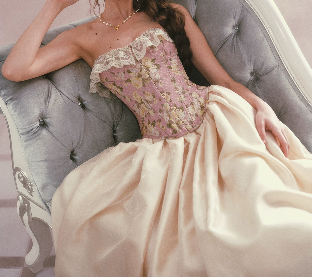 Glam Strapless Pink Prom Dress Lace Floral A-Line Satin Evening Dress C8524