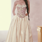 Glam Strapless Pink Prom Dress Lace Floral A-Line Satin Evening Dress C8524