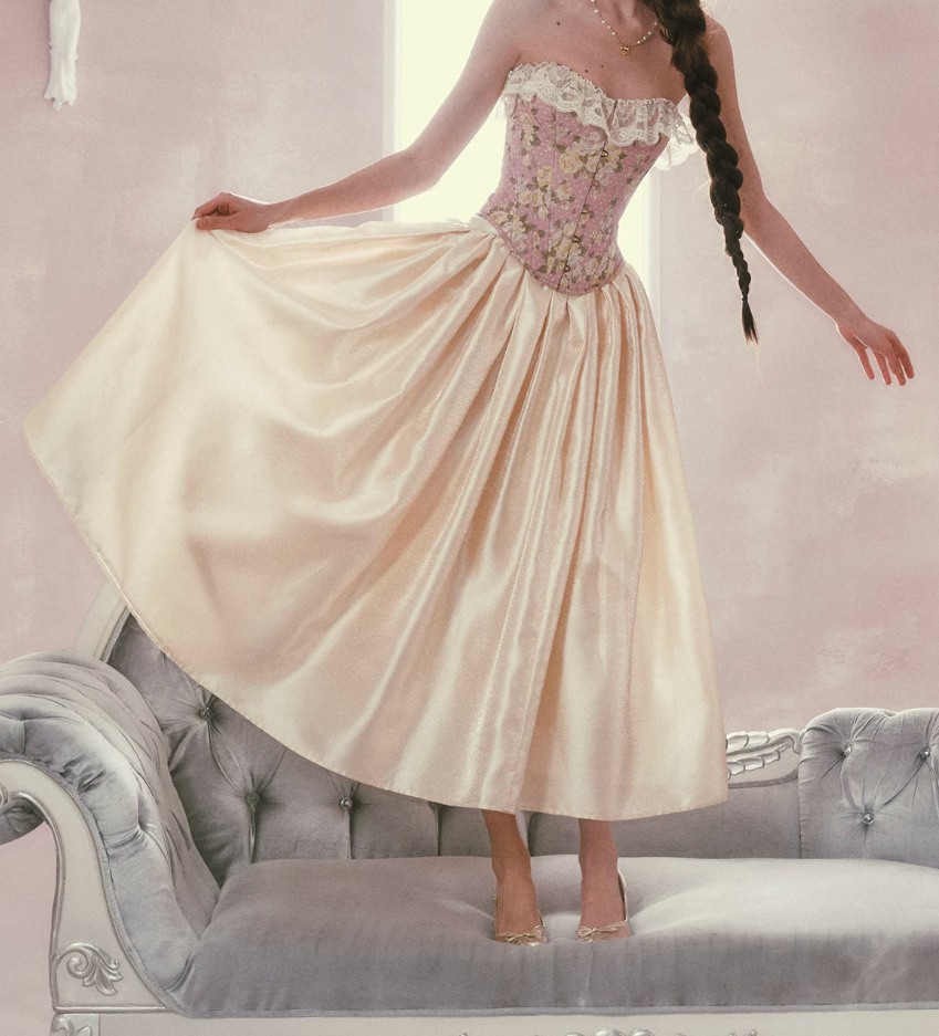 Glam Strapless Pink Prom Dress Lace Floral A-Line Satin Evening Dress C8524