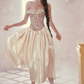 Glam Strapless Pink Prom Dress Lace Floral A-Line Satin Evening Dress C8524