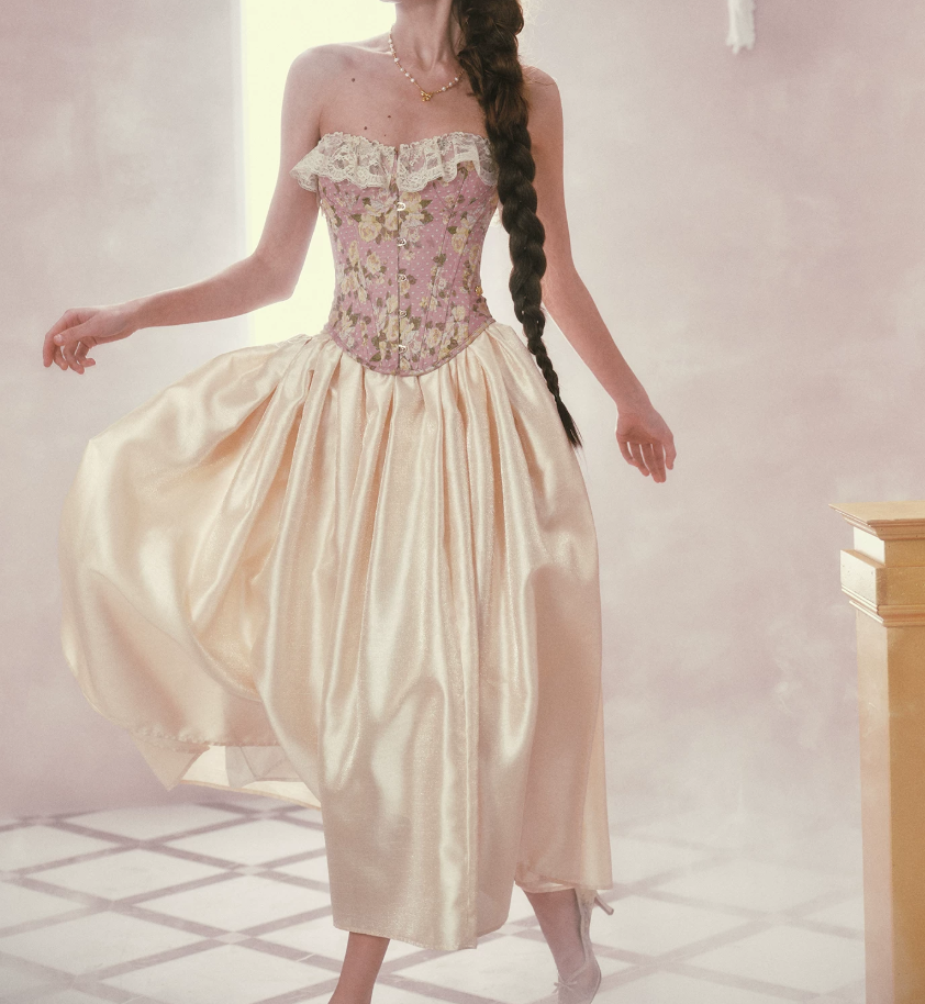 Glam Strapless Pink Prom Dress Lace Floral A-Line Satin Evening Dress C8524