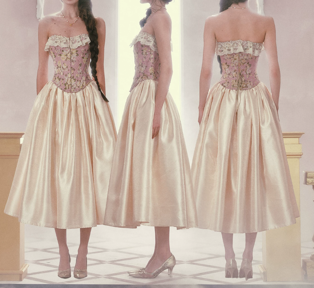 Glam Strapless Pink Prom Dress Lace Floral A-Line Satin Evening Dress C8524