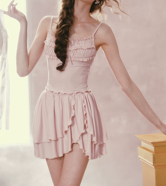 Sweet Spaghetti Straps Homecoming Dress Pink Ruffles A-Line Birthday Dress C8526