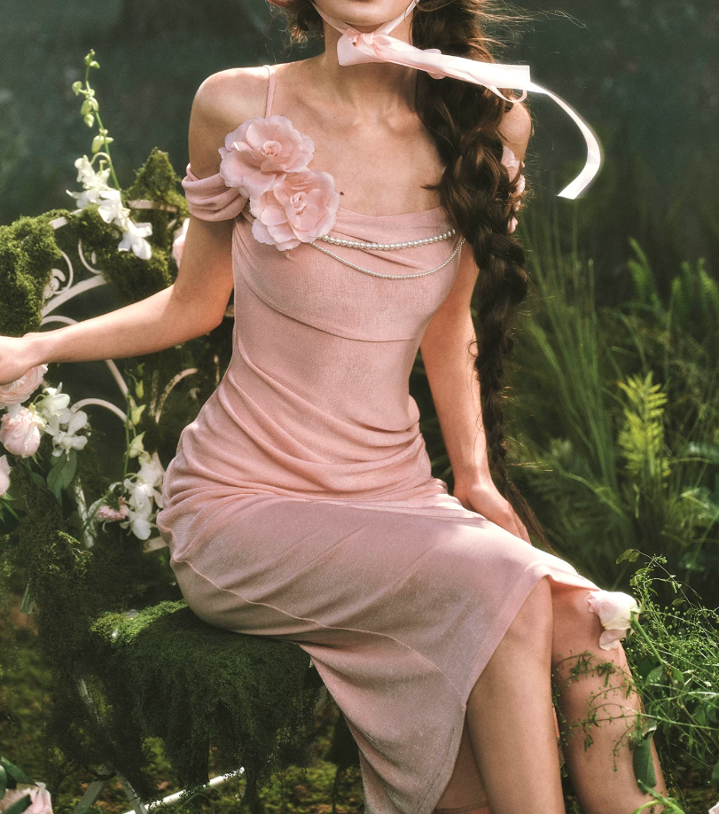 Trendy Spaghetti Straps Pink Prom Dress Appliques Beading Sheath Evening Dress C8527