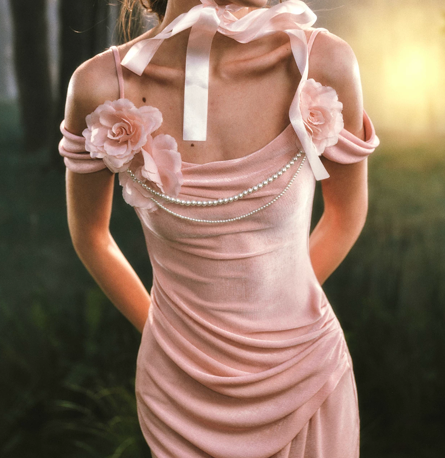 Trendy Spaghetti Straps Pink Prom Dress Appliques Beading Sheath Evening Dress C8527
