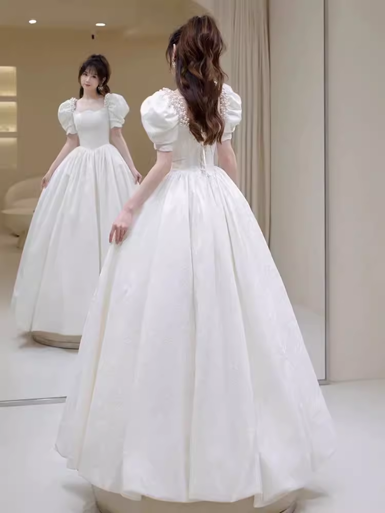 Fairytale A Line Short Sleeves Lace White Long Wedding Dresses C852