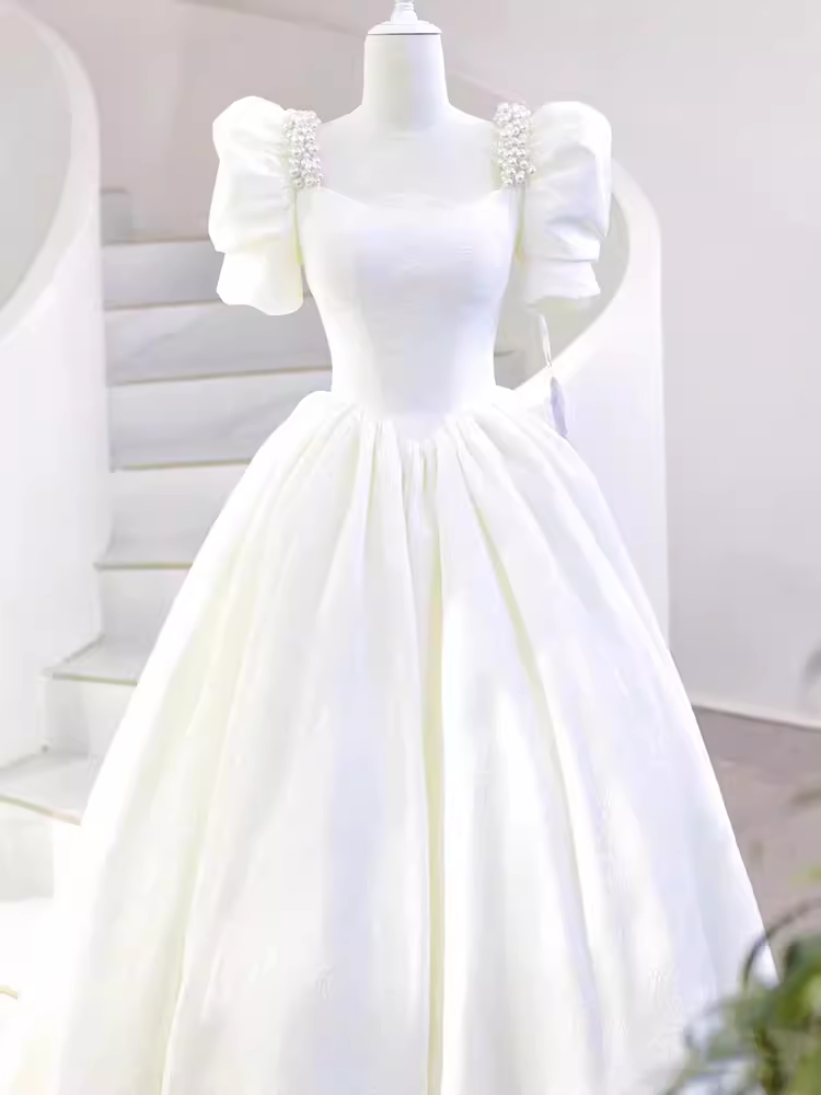 Fairytale A Line Short Sleeves Lace White Long Wedding Dresses C852
