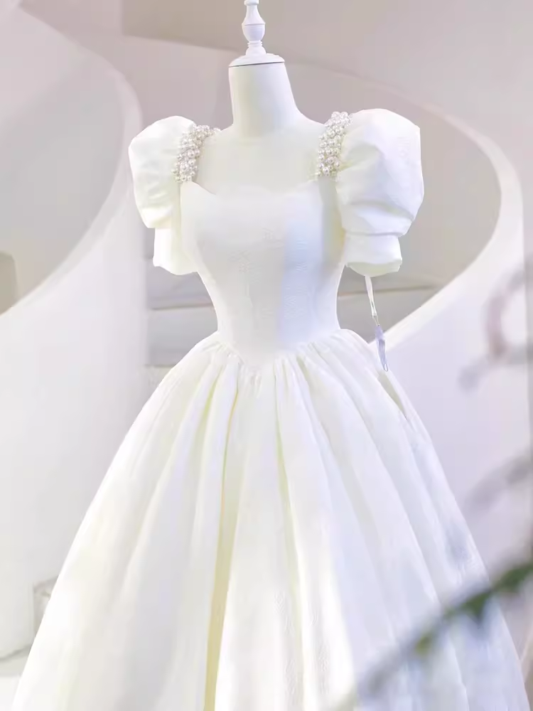 Fairytale A Line Short Sleeves Lace White Long Wedding Dresses C852