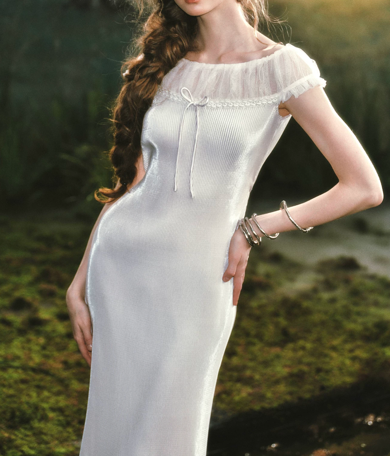 Elegant Boat Neck Prom Dress White Sheath Evening Dress C8530