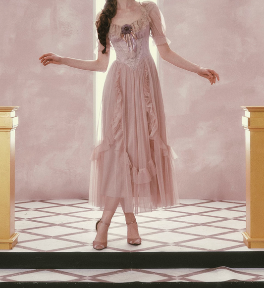Graceful Square Neck Pink Prom Dress Short Sleeve Ruffles Tulle Lace A-Line Evening Dress C8532