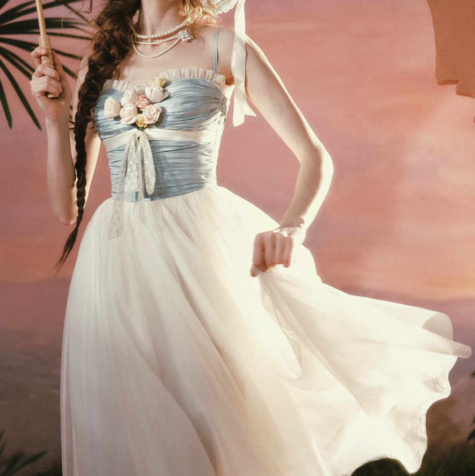 Alluring Blue Bodice Tulle White Prom Dress Appliques A-Line Evening Dress C8534