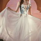 Alluring Blue Bodice Tulle White Prom Dress Appliques A-Line Evening Dress C8534