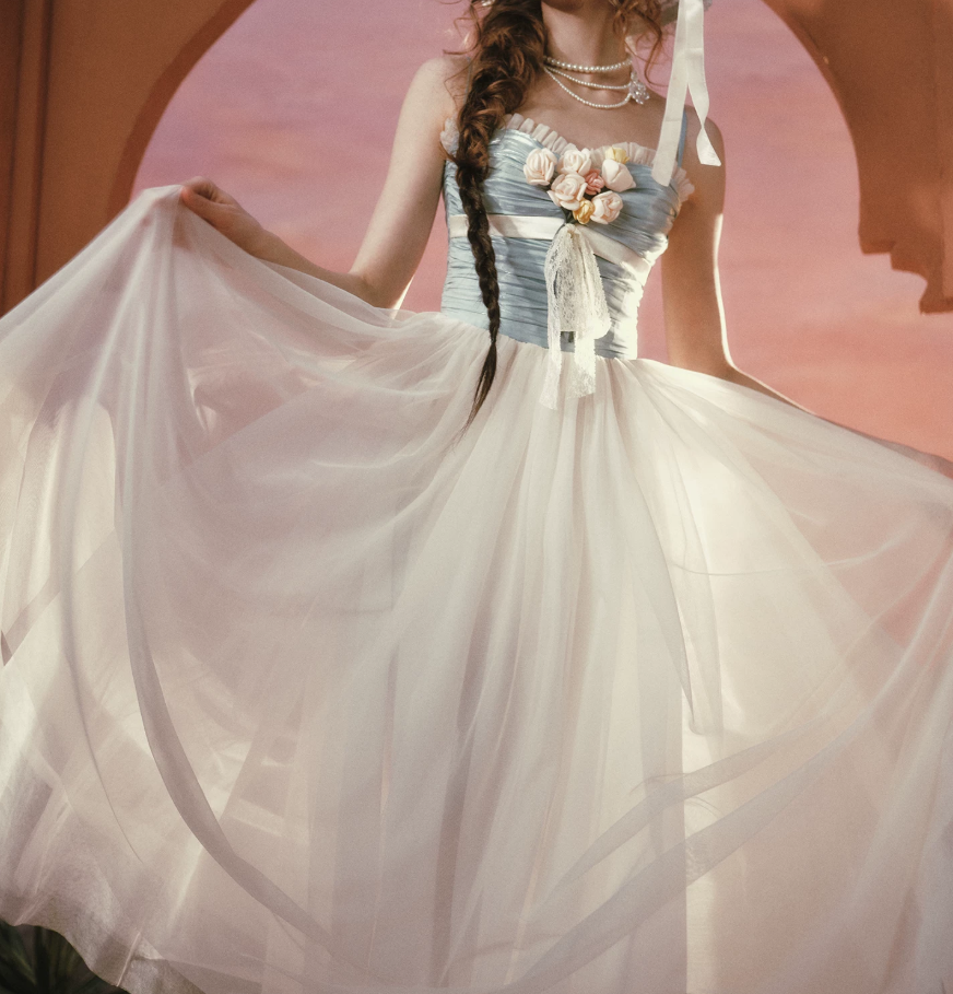 Alluring Blue Bodice Tulle White Prom Dress Appliques A-Line Evening Dress C8534