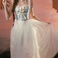 Alluring Blue Bodice Tulle White Prom Dress Appliques A-Line Evening Dress C8534