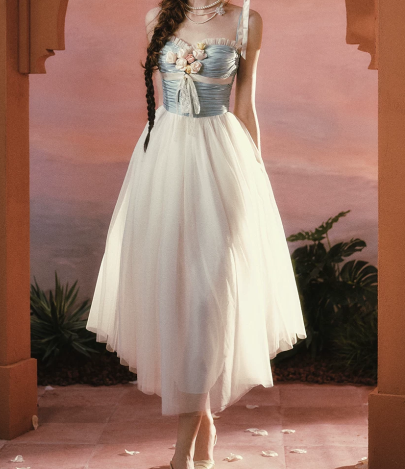 Alluring Blue Bodice Tulle White Prom Dress Appliques A-Line Evening Dress C8534