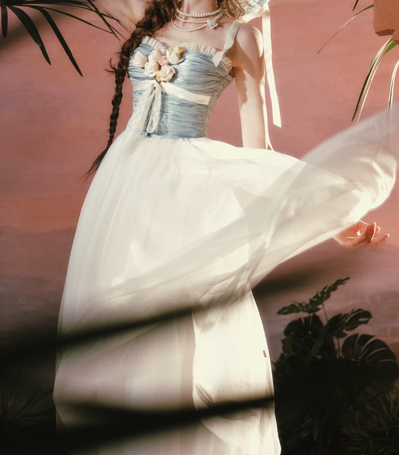 Alluring Blue Bodice Tulle White Prom Dress Appliques A-Line Evening Dress C8534