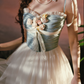 Alluring Blue Bodice Tulle White Prom Dress Appliques A-Line Evening Dress C8534