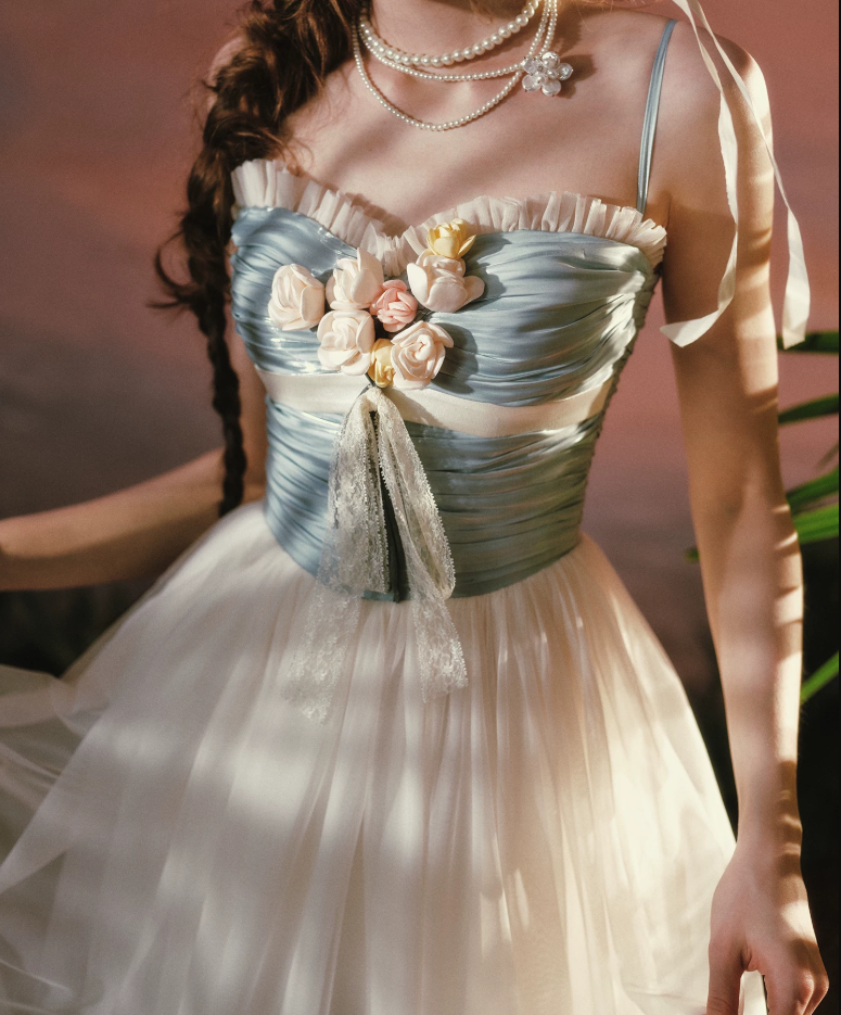 Alluring Blue Bodice Tulle White Prom Dress Appliques A-Line Evening Dress C8534