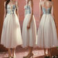 Alluring Blue Bodice Tulle White Prom Dress Appliques A-Line Evening Dress C8534