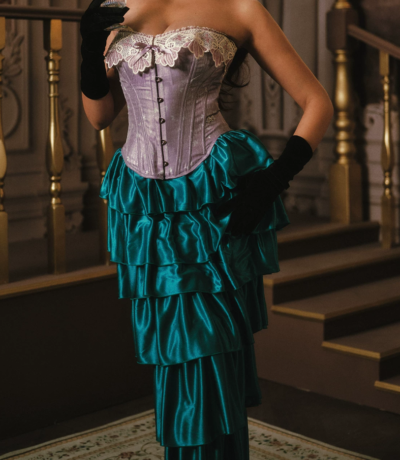 Vintage Strapless Purple Bodice Teal Prom Dress Tiered Sheath Evening Dress C8537