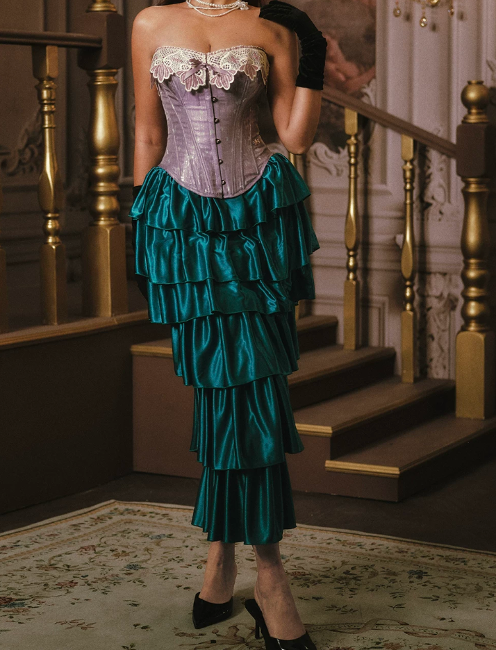 Vintage Strapless Purple Bodice Teal Prom Dress Tiered Sheath Evening Dress C8537