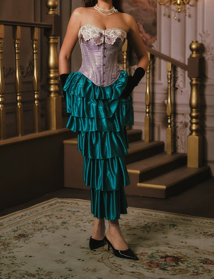 Vintage Strapless Purple Bodice Teal Prom Dress Tiered Sheath Evening Dress C8537