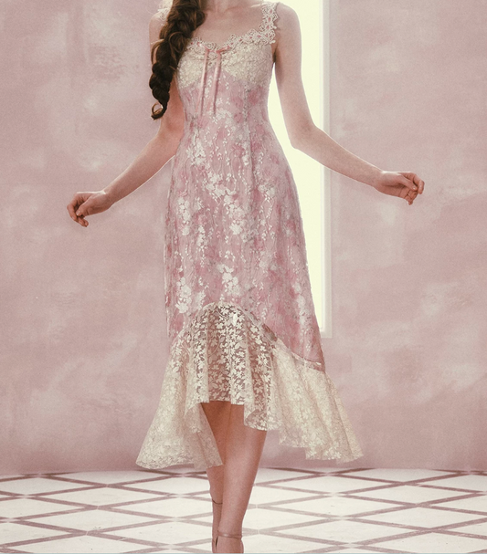 Dreamy Spaghetti Straps Pink Prom Dress Lace Mermaid Evening Dress C8539