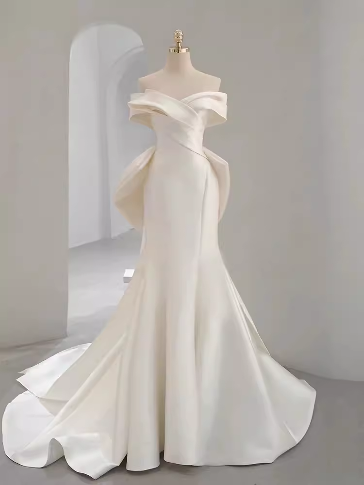 Fairytale Mermaid Off The Shoulder Short Sleeves White Long Wedding Dresses C853