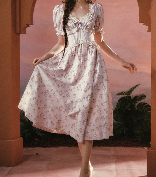 Trendy Short Sleeve V Neck Prom Dress Floral Ruffles A-Line Evening Dress C8543