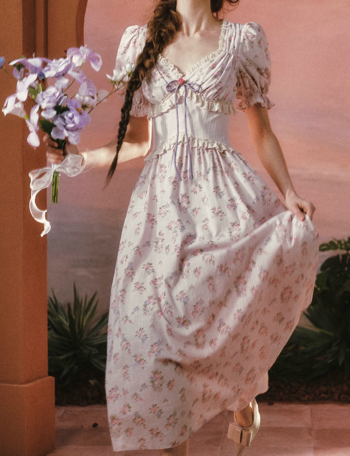 Trendy Short Sleeve V Neck Prom Dress Floral Ruffles A-Line Evening Dress C8543