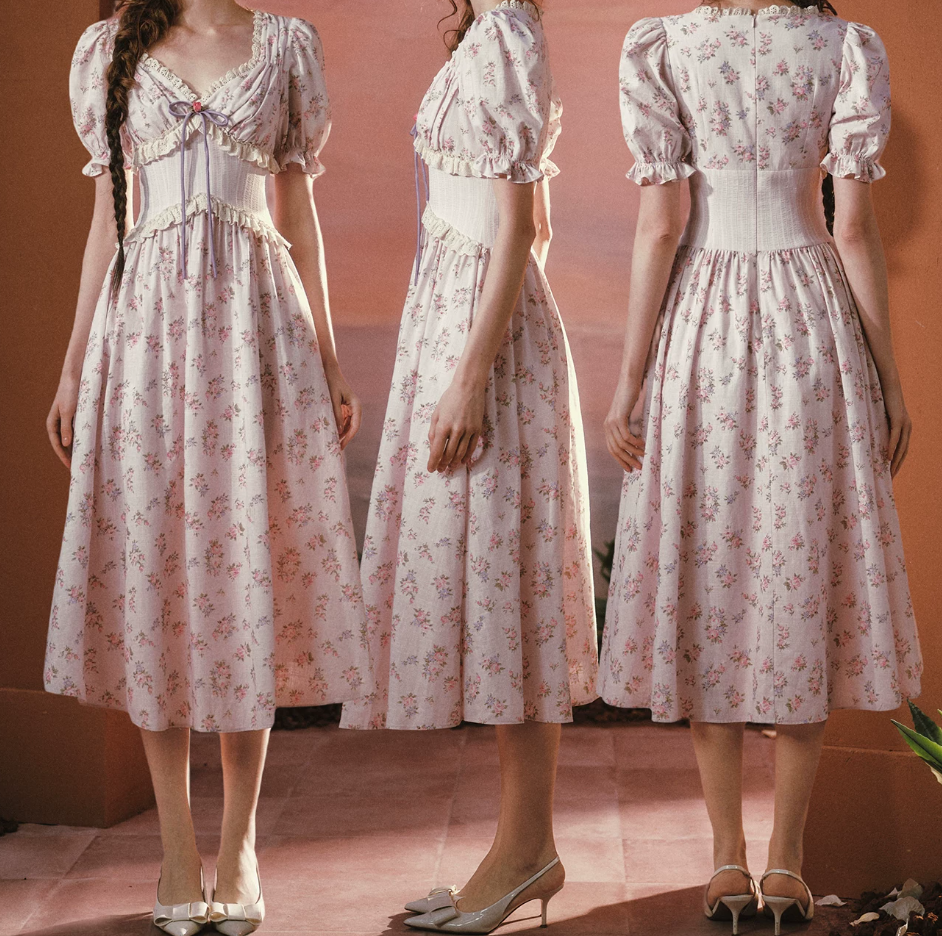 Trendy Short Sleeve V Neck Prom Dress Floral Ruffles A-Line Evening Dress C8543