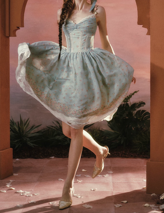Elegant Spaghetti Straps Blue Homecoming Dress Lace Floral A-Line Birthday Dress C8547