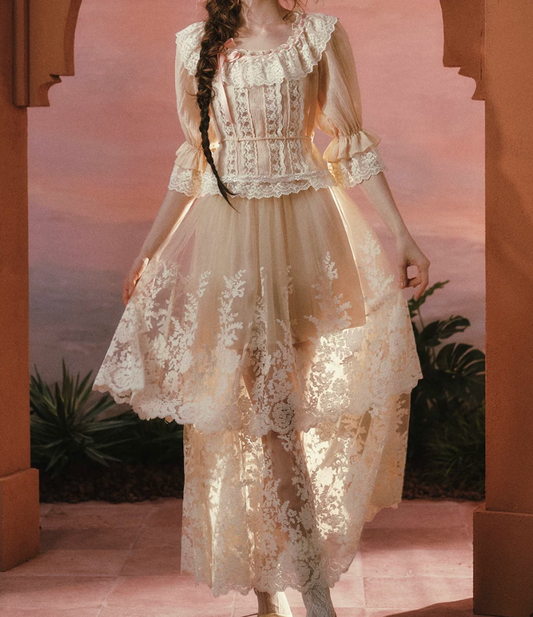 Unique Jewel Neck Beige Prom Dress Long Sleeve Lace A-Line Evening Dress C8548