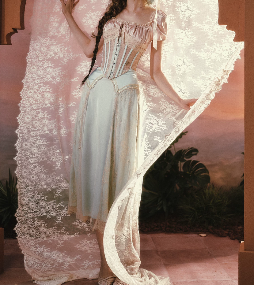 Adorable Short Sleeve Pink & Blue Prom Dress Lace Square Neck A-Line Evening Dress C8549