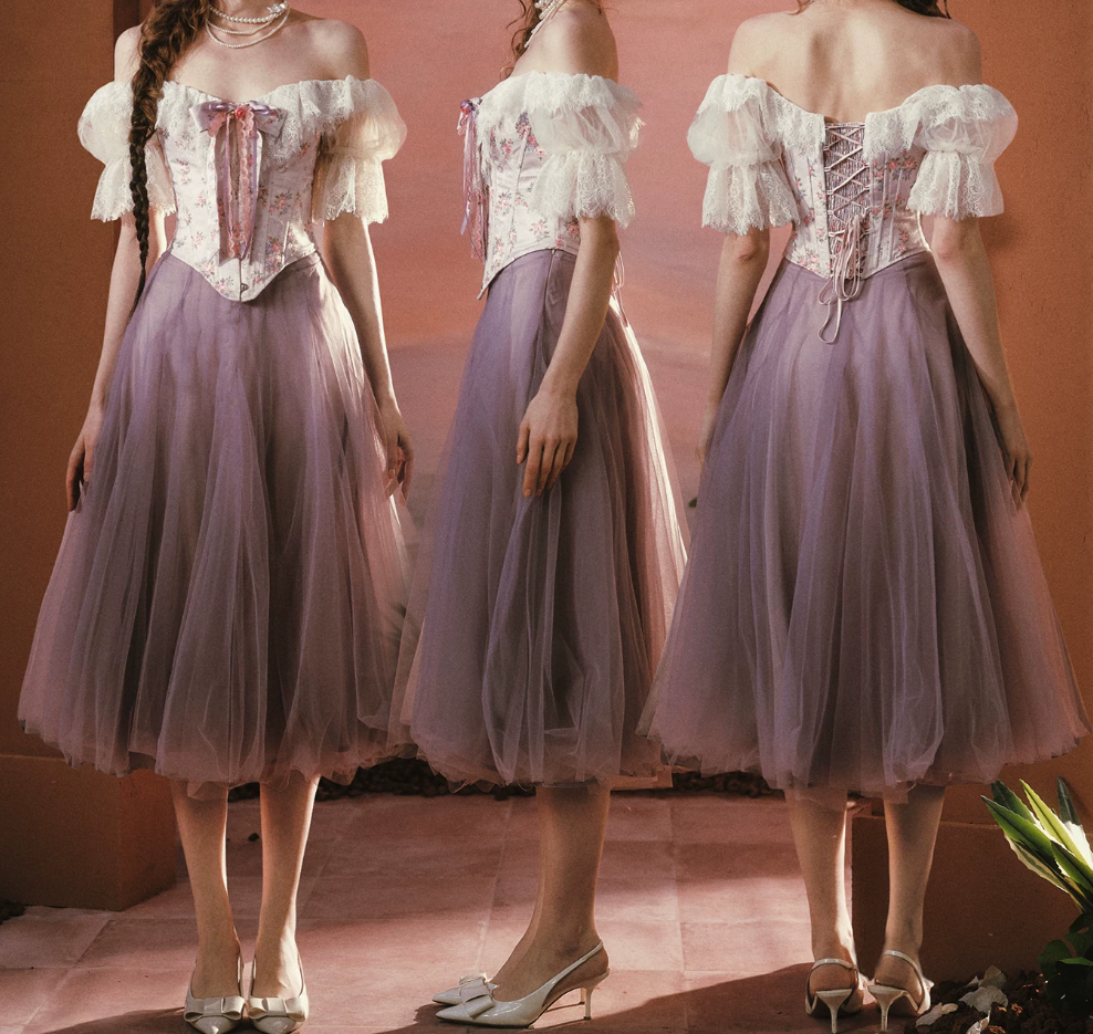 Romantic Off-Shoulder Purple Prom Dress Lace Floral Bodice A-Line Evening Dress C8550