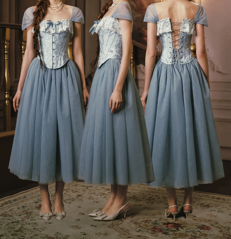 Trendy Short Sleeve Blue Prom Dress Tulle Lace A-Line Evening Dress C8551
