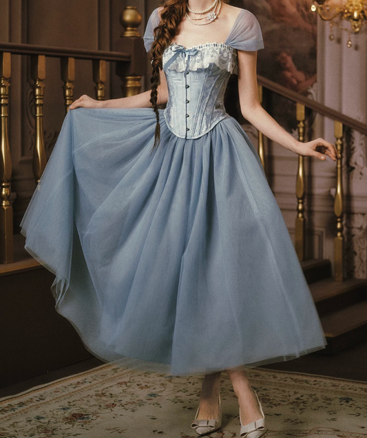 Trendy Short Sleeve Blue Prom Dress Tulle Lace A-Line Evening Dress C8551