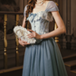 Trendy Short Sleeve Blue Prom Dress Tulle Lace A-Line Evening Dress C8551