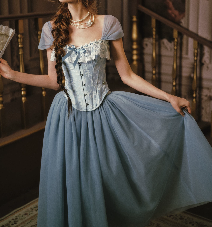 Trendy Short Sleeve Blue Prom Dress Tulle Lace A-Line Evening Dress C8551
