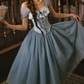 Trendy Short Sleeve Blue Prom Dress Tulle Lace A-Line Evening Dress C8551