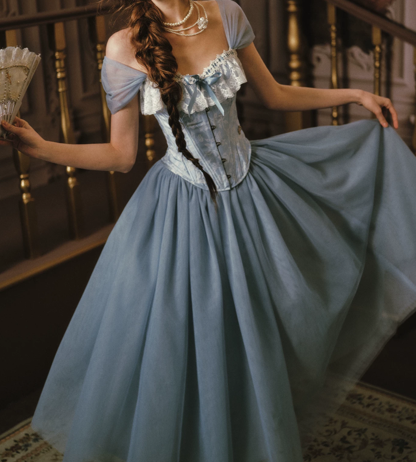 Trendy Short Sleeve Blue Prom Dress Tulle Lace A-Line Evening Dress C8551