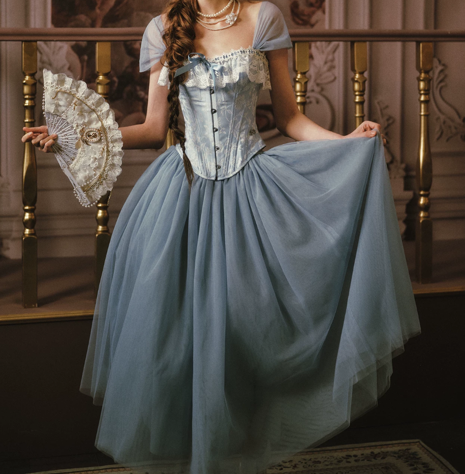 Trendy Short Sleeve Blue Prom Dress Tulle Lace A-Line Evening Dress C8551