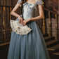 Trendy Short Sleeve Blue Prom Dress Tulle Lace A-Line Evening Dress C8551