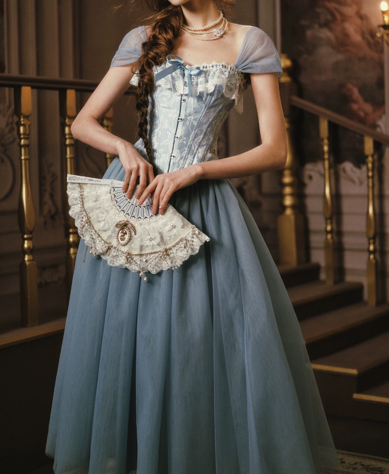 Trendy Short Sleeve Blue Prom Dress Tulle Lace A-Line Evening Dress C8551